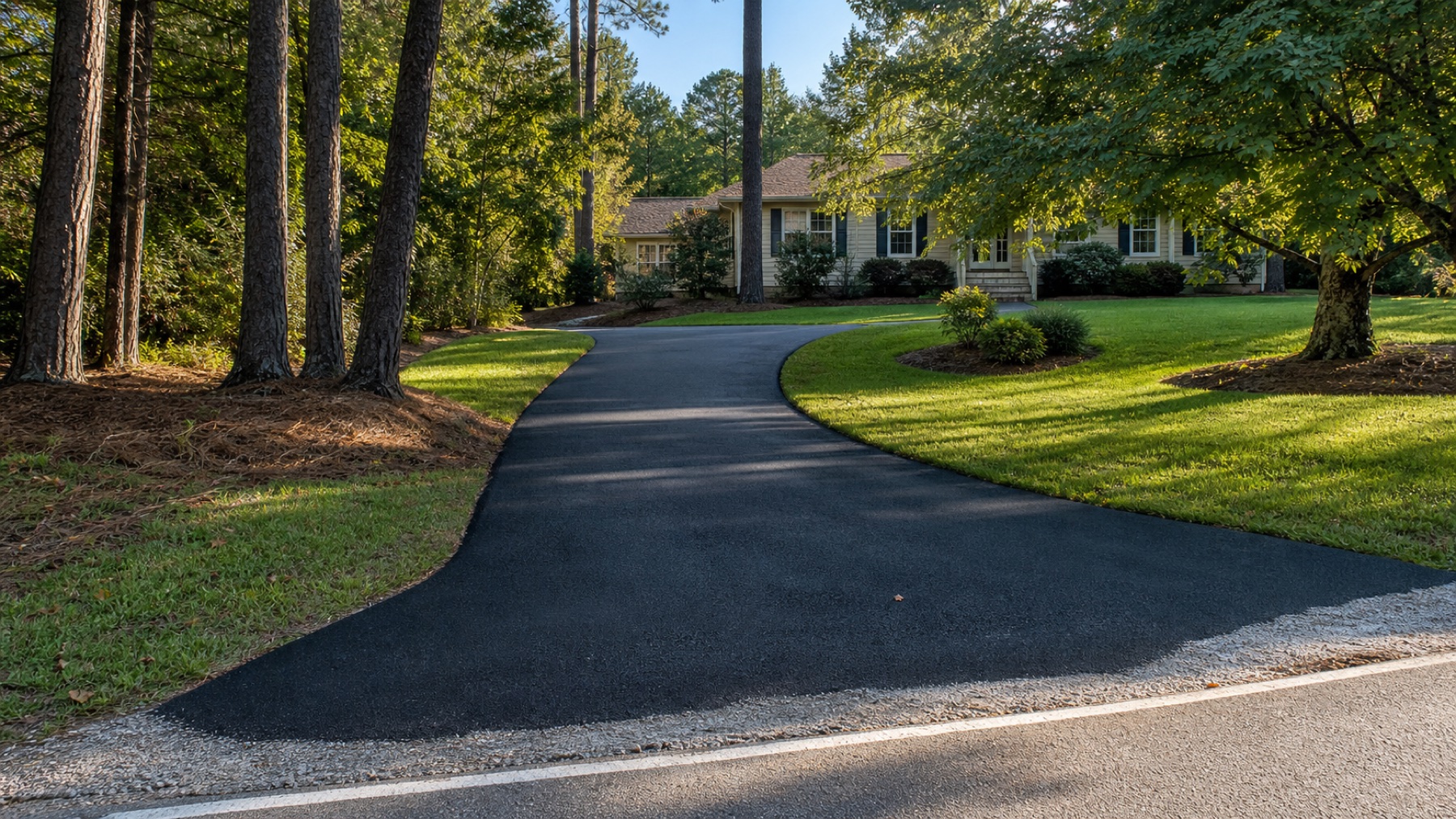 Fresh asphalt driveway leading to a home in east-central Alabama