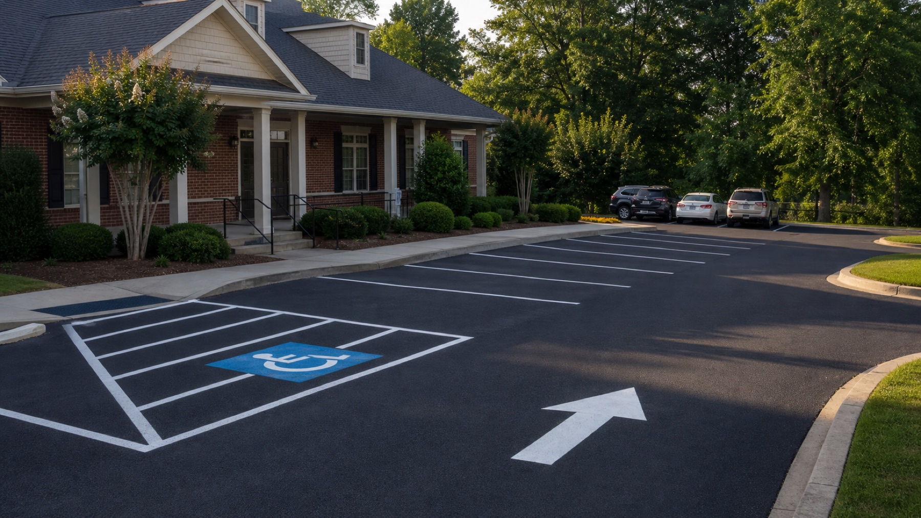 Freshly paved and striped commercial parking lot