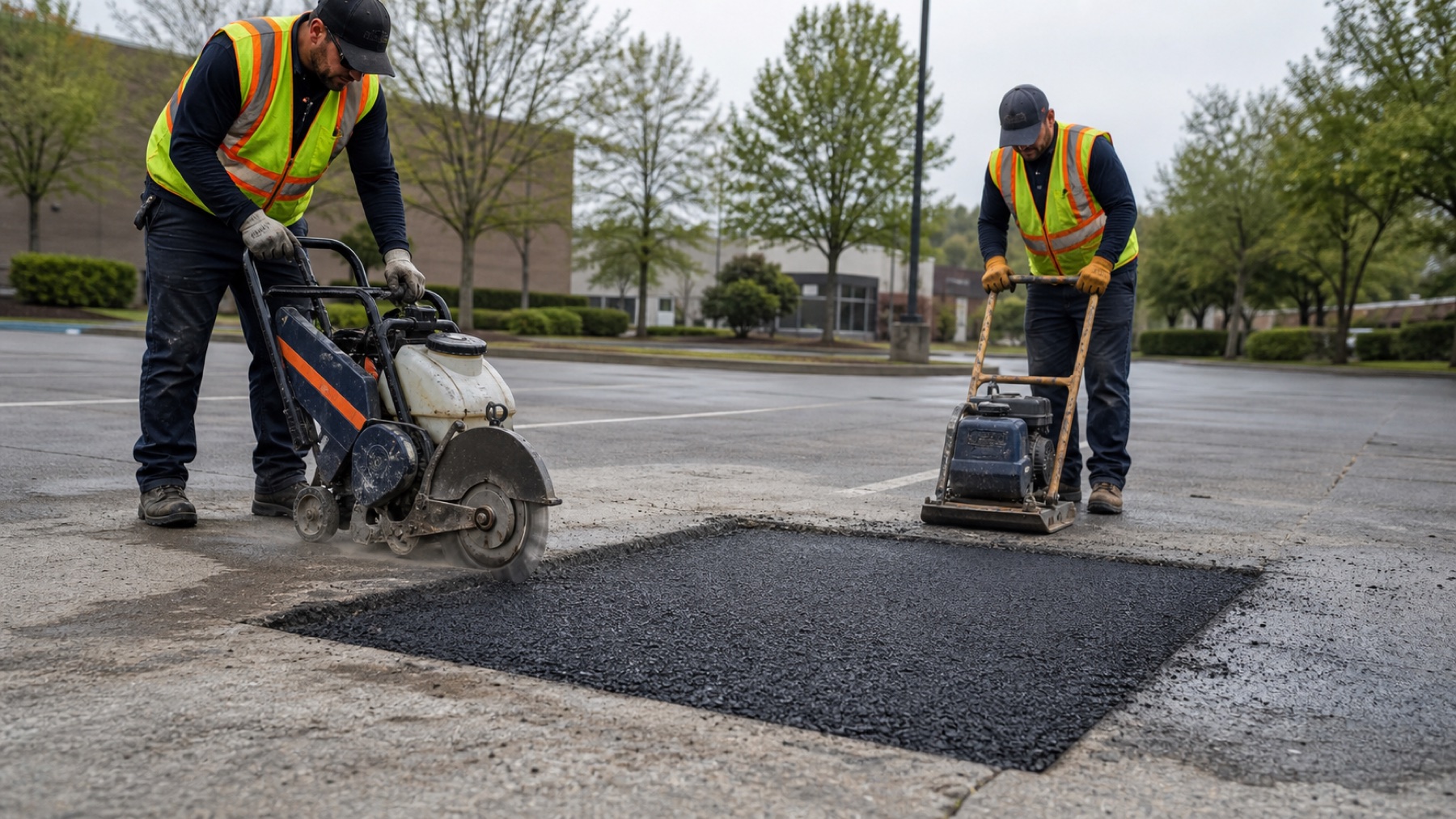 Asphalt repair crew installing a full-depth parking lot patch
