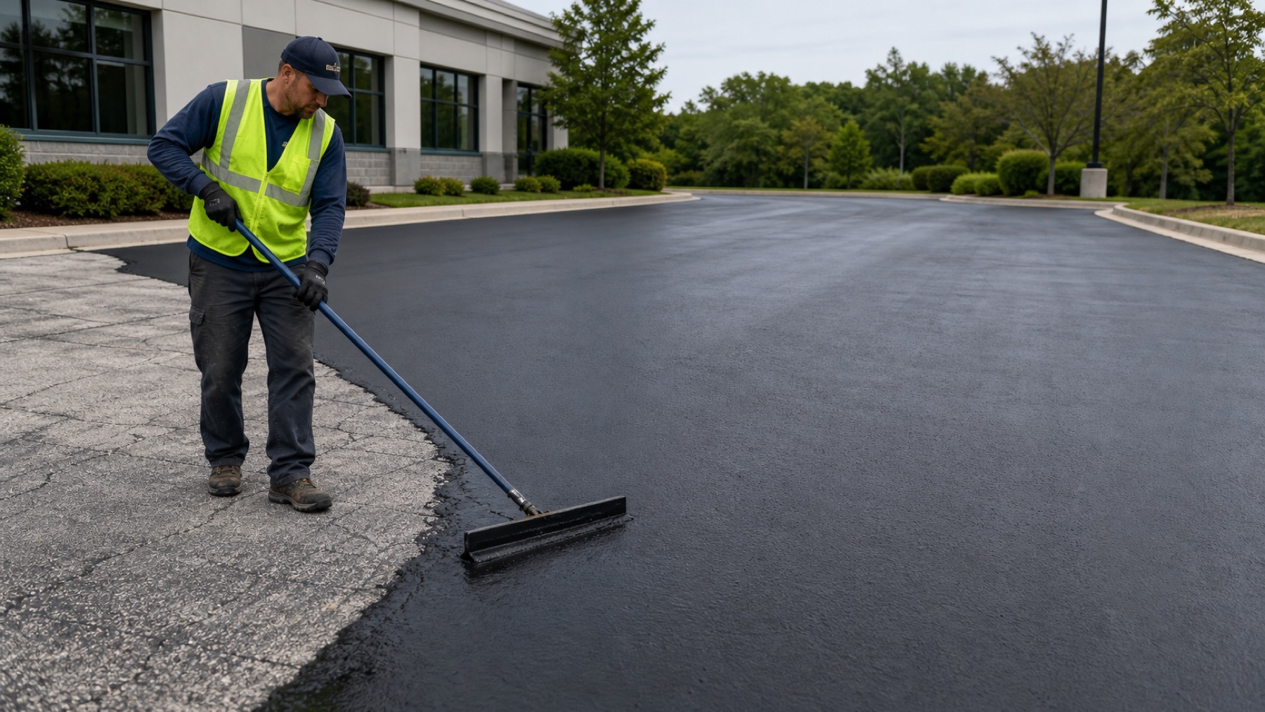 Worker applying black sealcoat to a commercial parking lot
