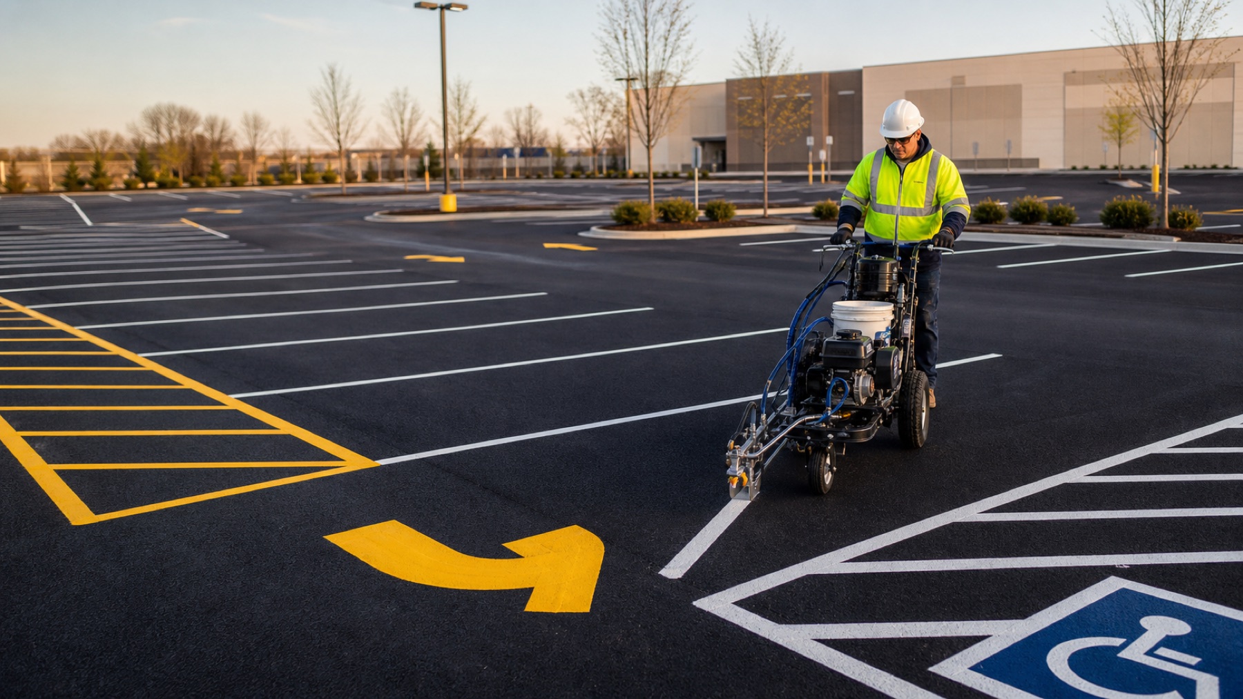 Professional line striping machine marking a newly paved parking lot