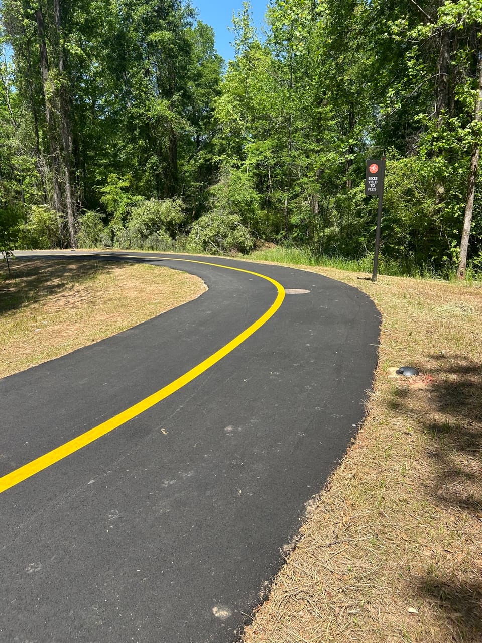 Freshly paved wooded trail with a bright yellow centerline, a real Ford Paving project